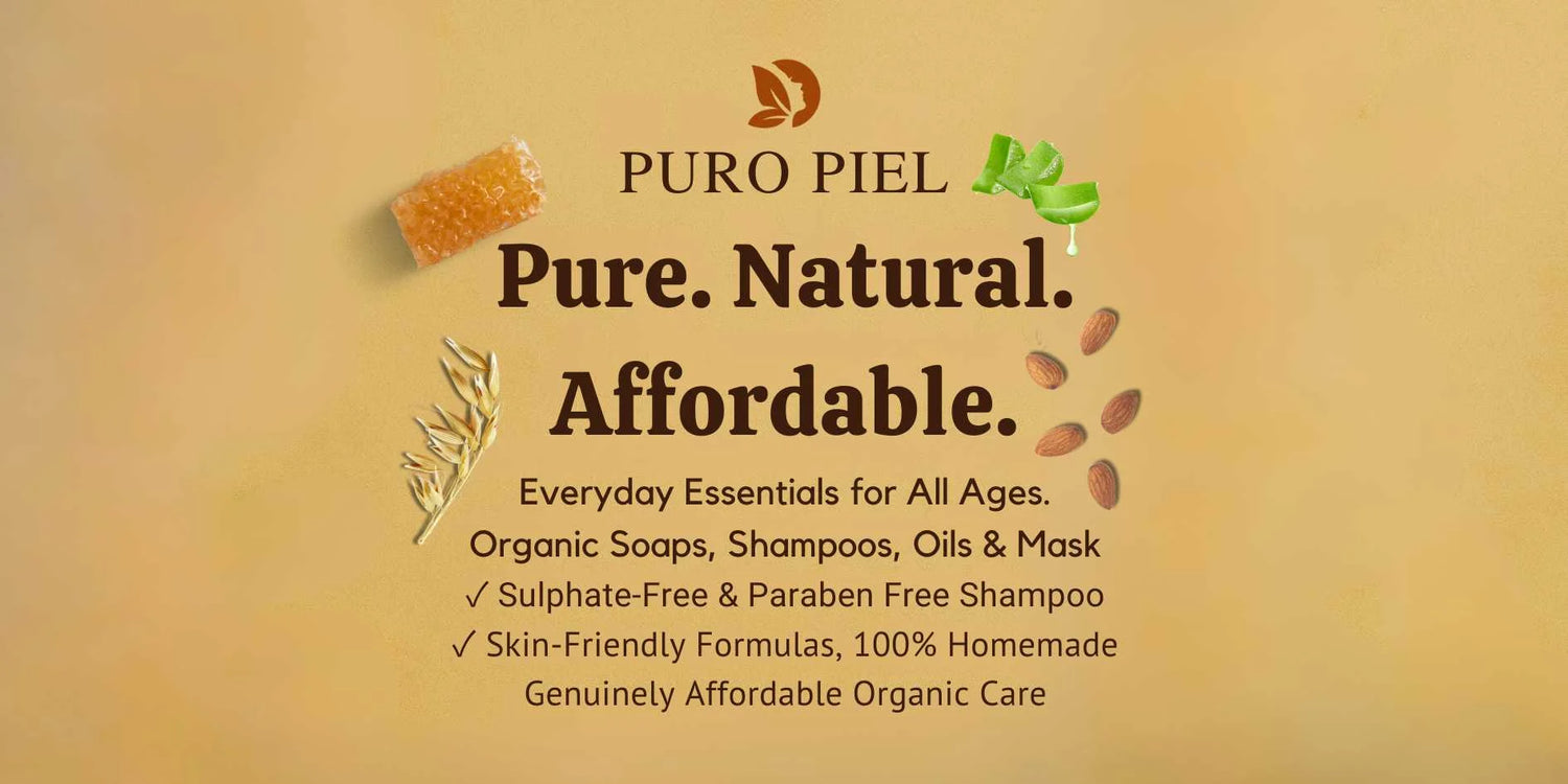 Advertisement for PURO PIEL with text about pure, natural, and affordable skincare products on a beige background.